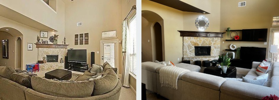 A living room before and after Patricia's styling